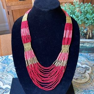 Boho Red & Gold Multi-Strand Seed Bead Necklace Tribal Statement Jewelry